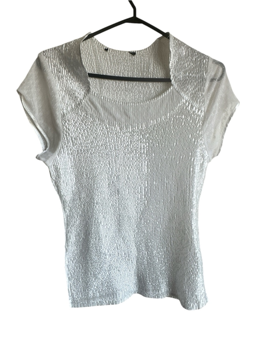 WOMEN’S White Plissé Crinkle Textured Floral Lace Short Sleeve Blouse